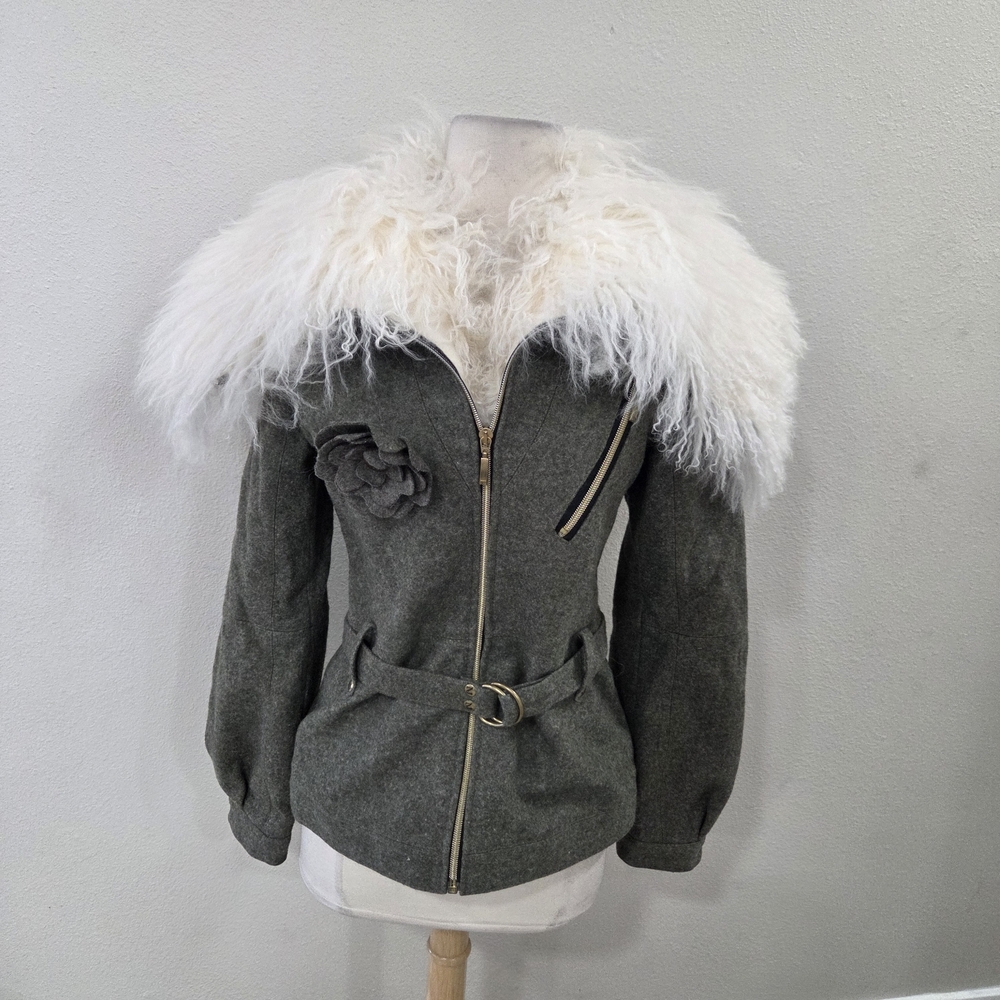 Women's Gray Jacket with White Faux Fur Collar